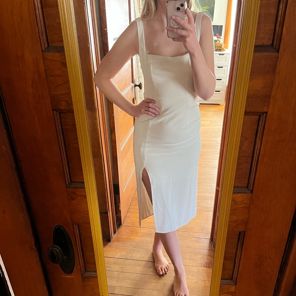 White square neck dress with slit